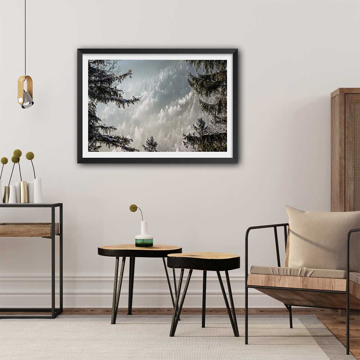 Affiche paysage forest in fog drama affiche + cadre en bois - noir, HEXOA