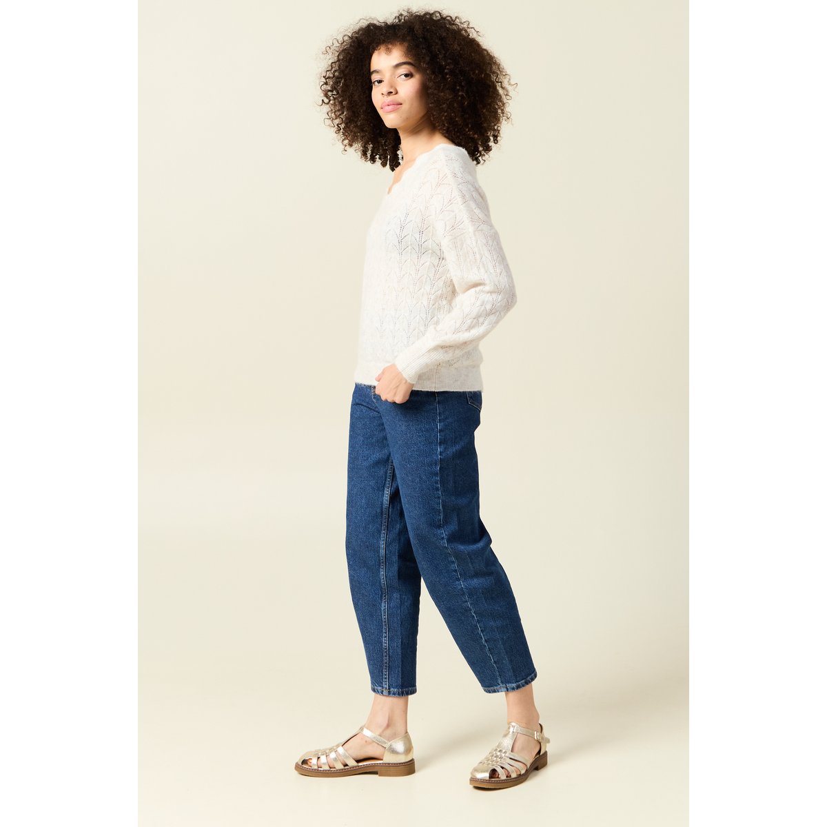 Gilet ajouré col V manches longues ecru, BONOBO