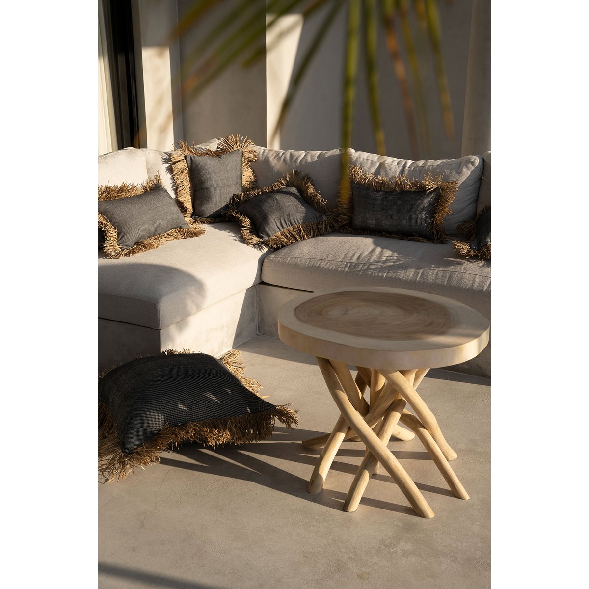 Housse de coussin en coton et raphia BONITA noir beige, BAZAR BIZAR
