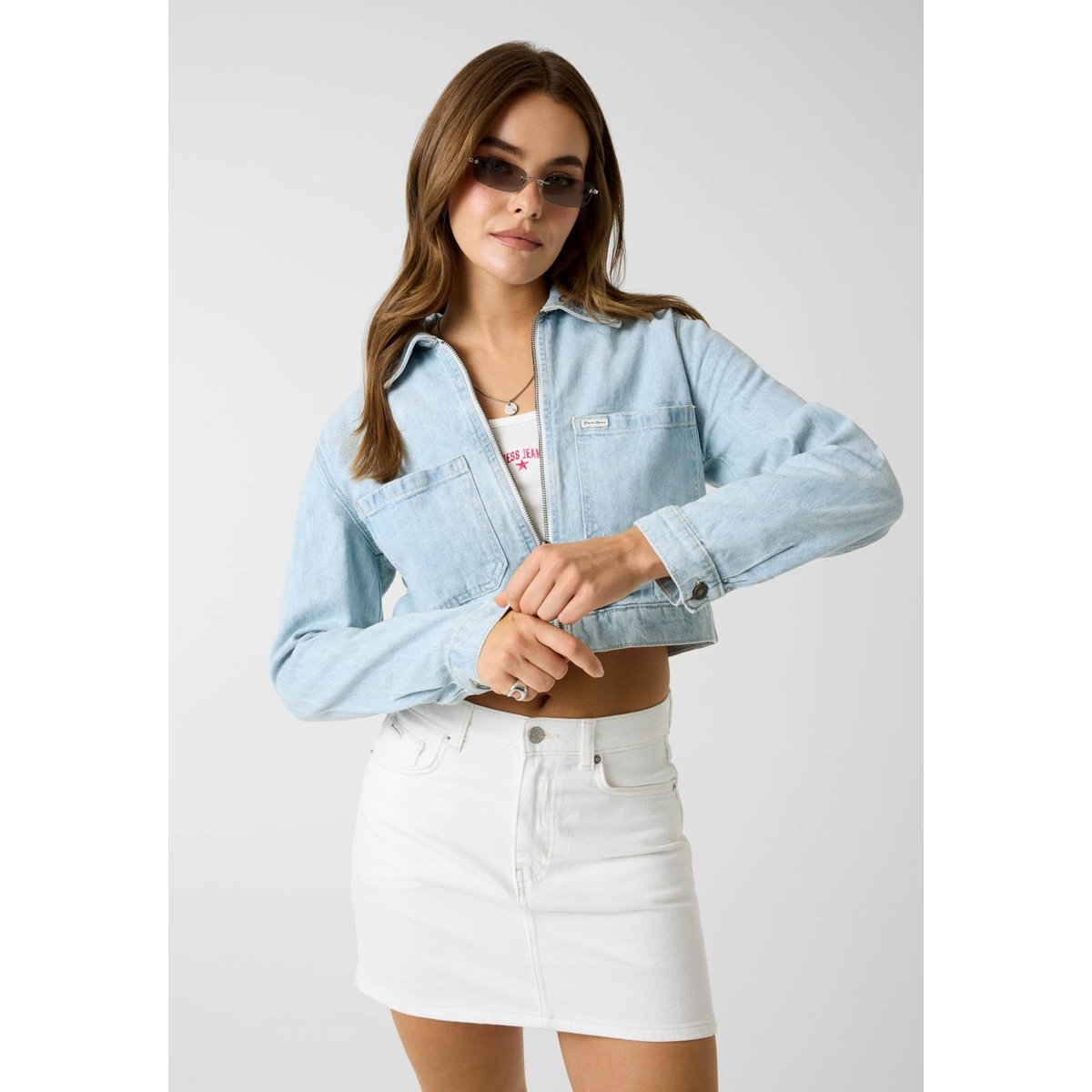 Veste En Denim Cropped bleu clair, GUESS JEANS
