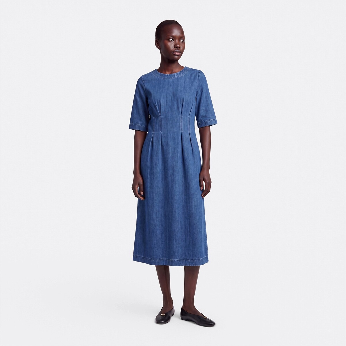 3/4 Length Sleeve Crew Neck Denim Maxi Dress stonewashed blue, LA REDOUTE COLLECTIONS