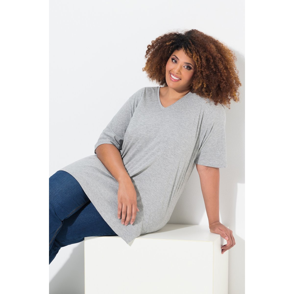 T-shirt à manches courtes et col V gris clair chiné, ULLA POPKEN