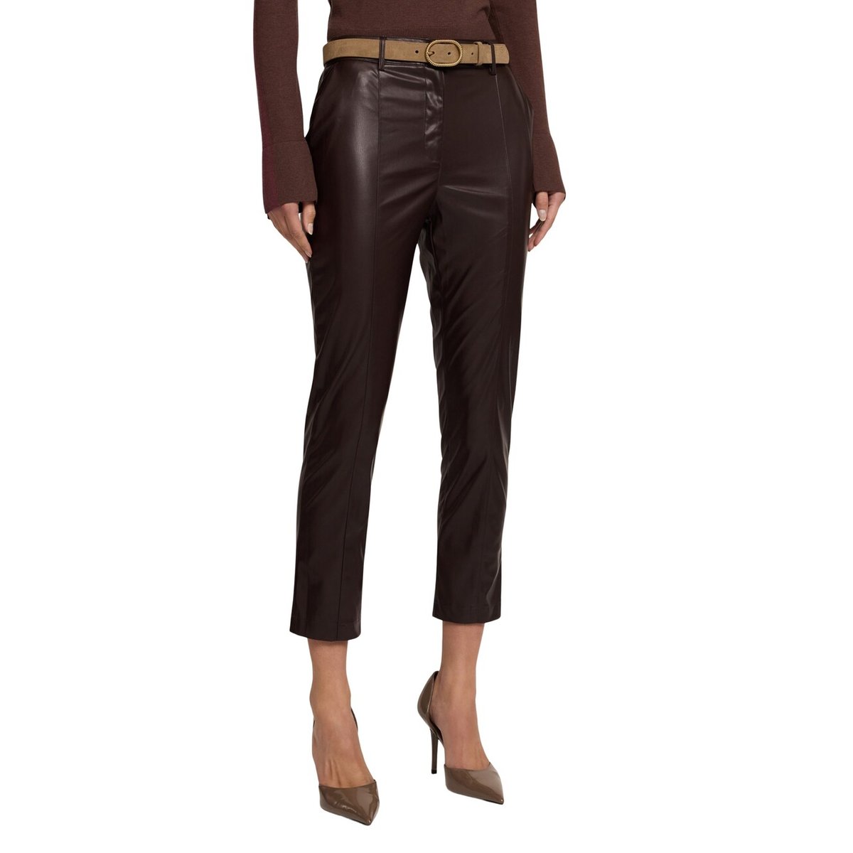 Pantalon slim fit en tissu enduit marron, MOTIVI