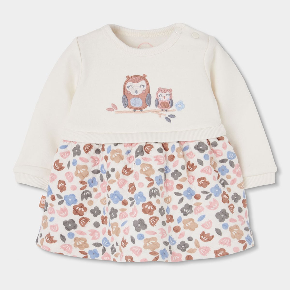 Robe en maille fleurs brodées hiboux bébé blanc, BOBOLI