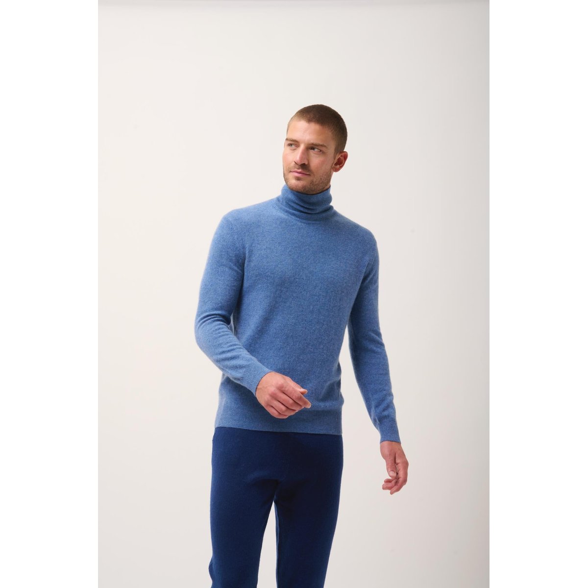 Pull Col Roulé Bleu Denim Connor bleu denim, JUST CASHMERE