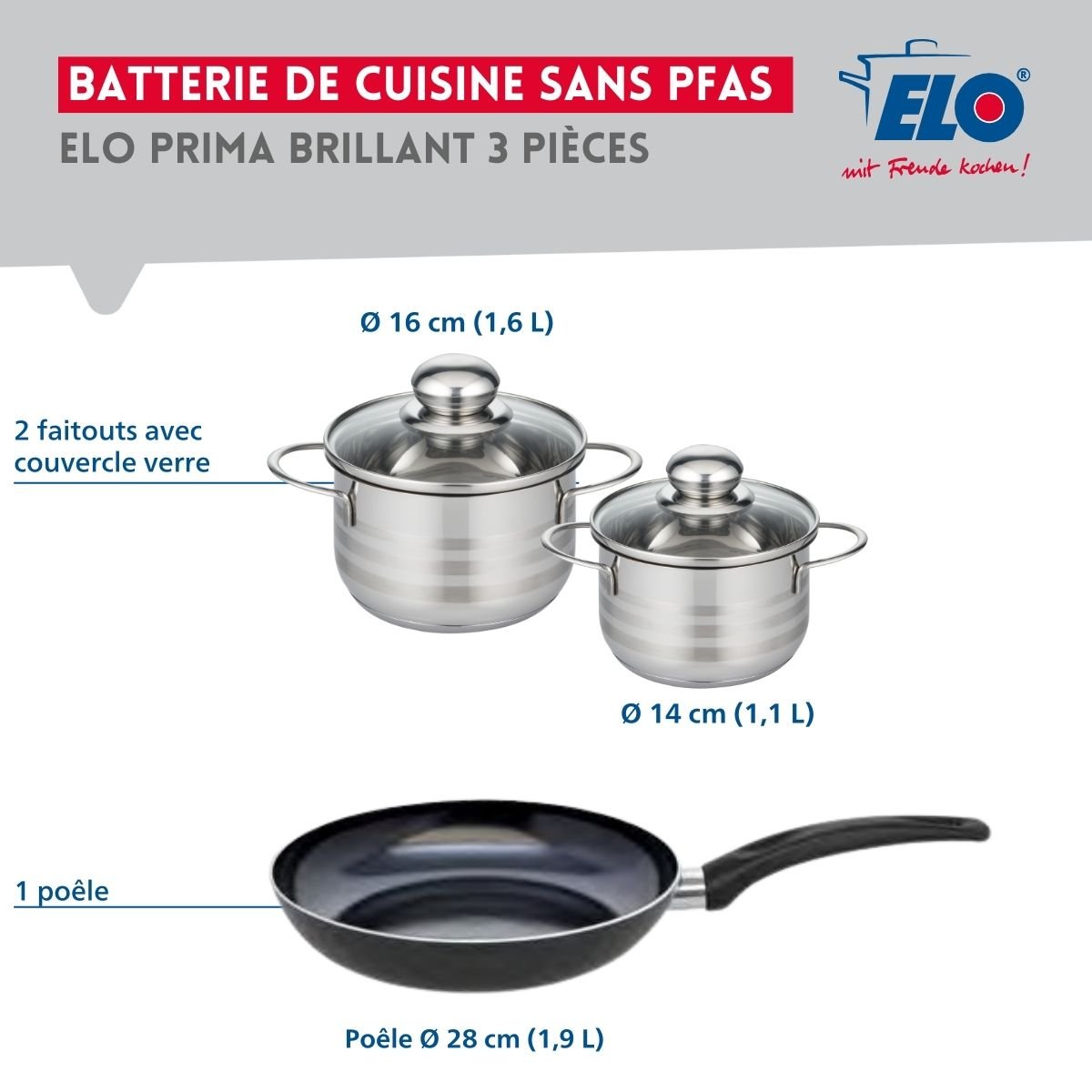 Batterie 1 poêle 28cm + 2 faitouts 14/16cm PRIMA BRILLANT noir, ELO