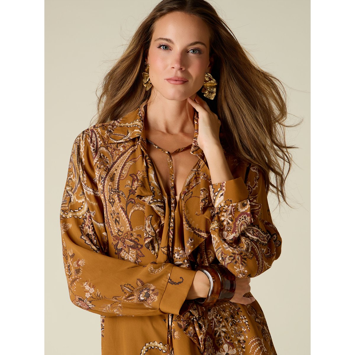 Blouse fantaisie à volants marron, OLTRE