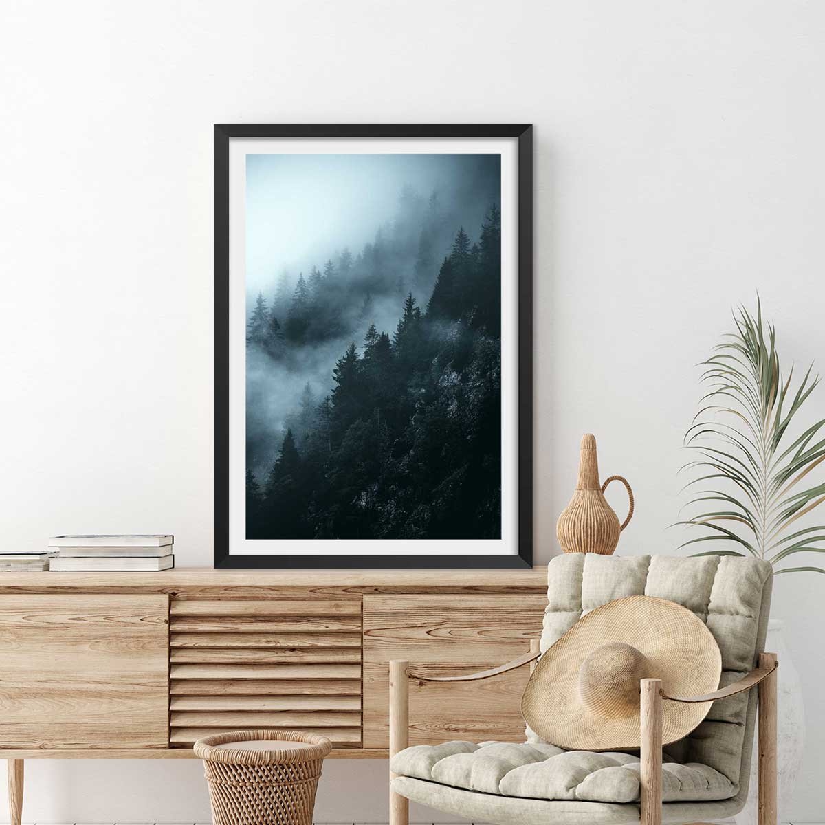 Affiche paysage suisse au petit matin affiche + cadre en bois - noir, HEXOA