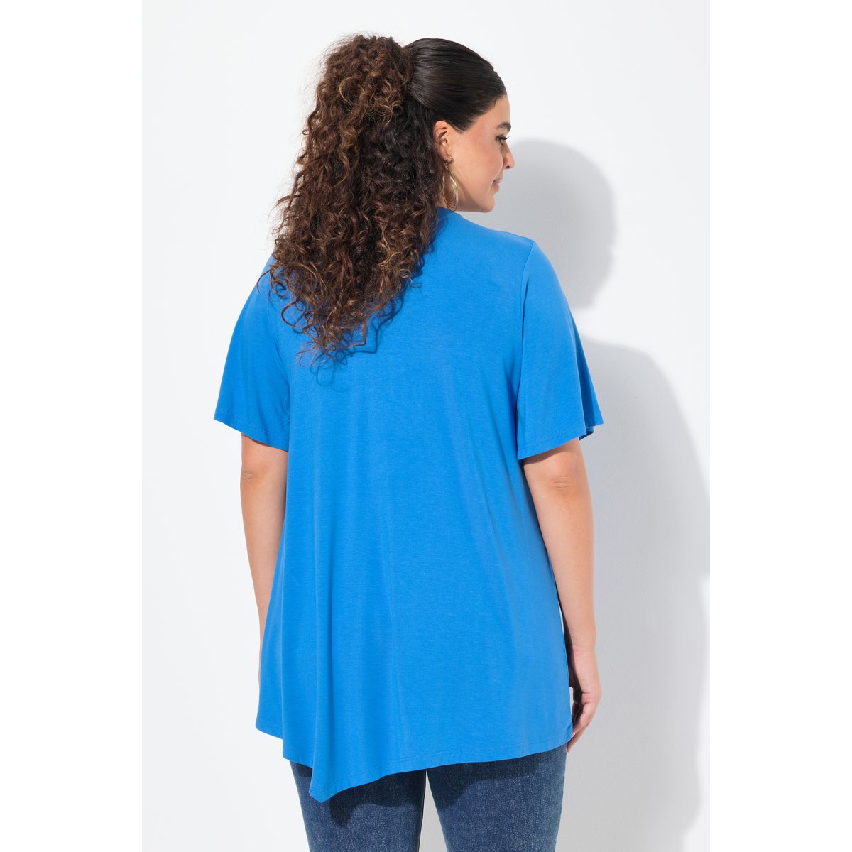 T-shirt à message. Col V et manches courtes. bleu pétrole, ULLA POPKEN