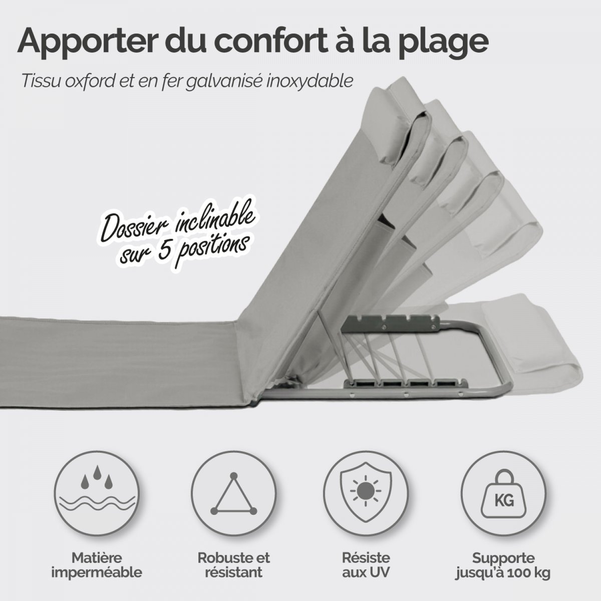 Matelas, transat, tapis de plage avec dossier inclinable et sac de transport gris, LINXOR