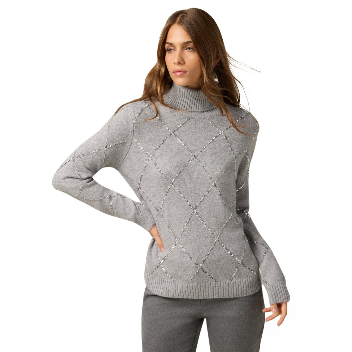 Pull à col roulé avec paillettes gris, OLTRE