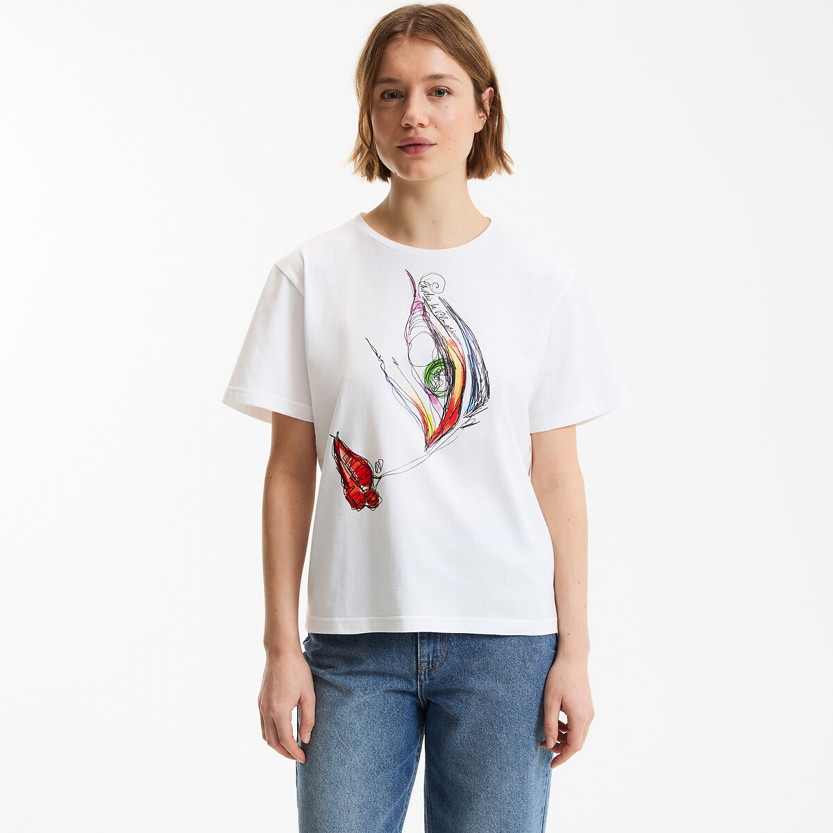 T-shirt, col rond, manches courtes, imprimé graphique blanc, CHARLES DE VILMORIN X LA REDOUTE