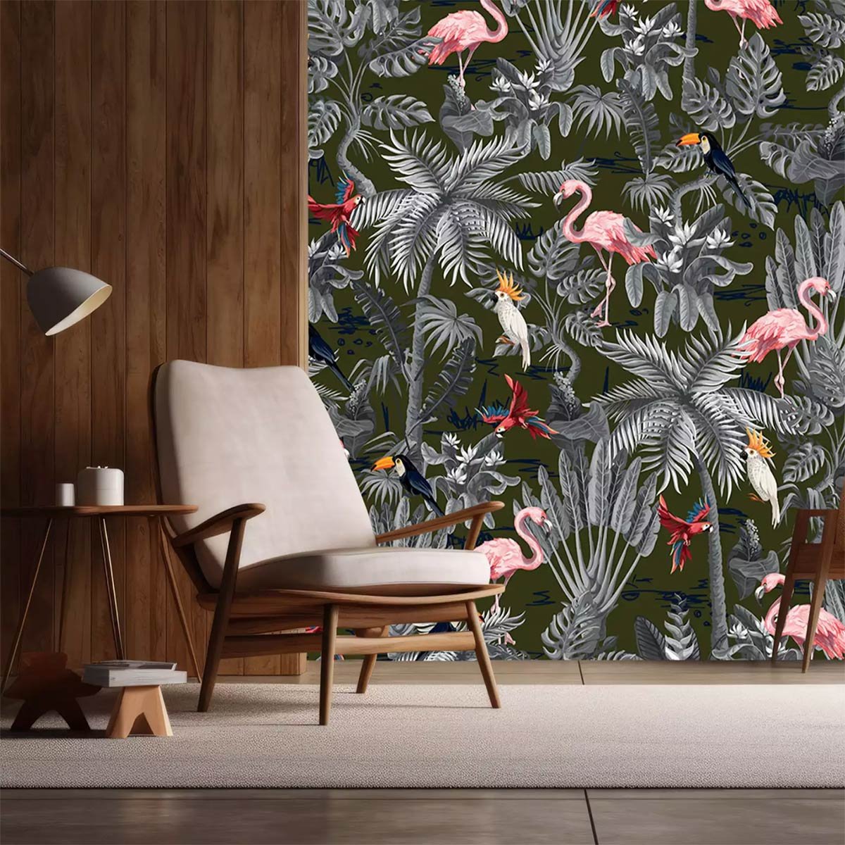 Papier peint panoramique flamants tropicaux intissé, HEXOA
