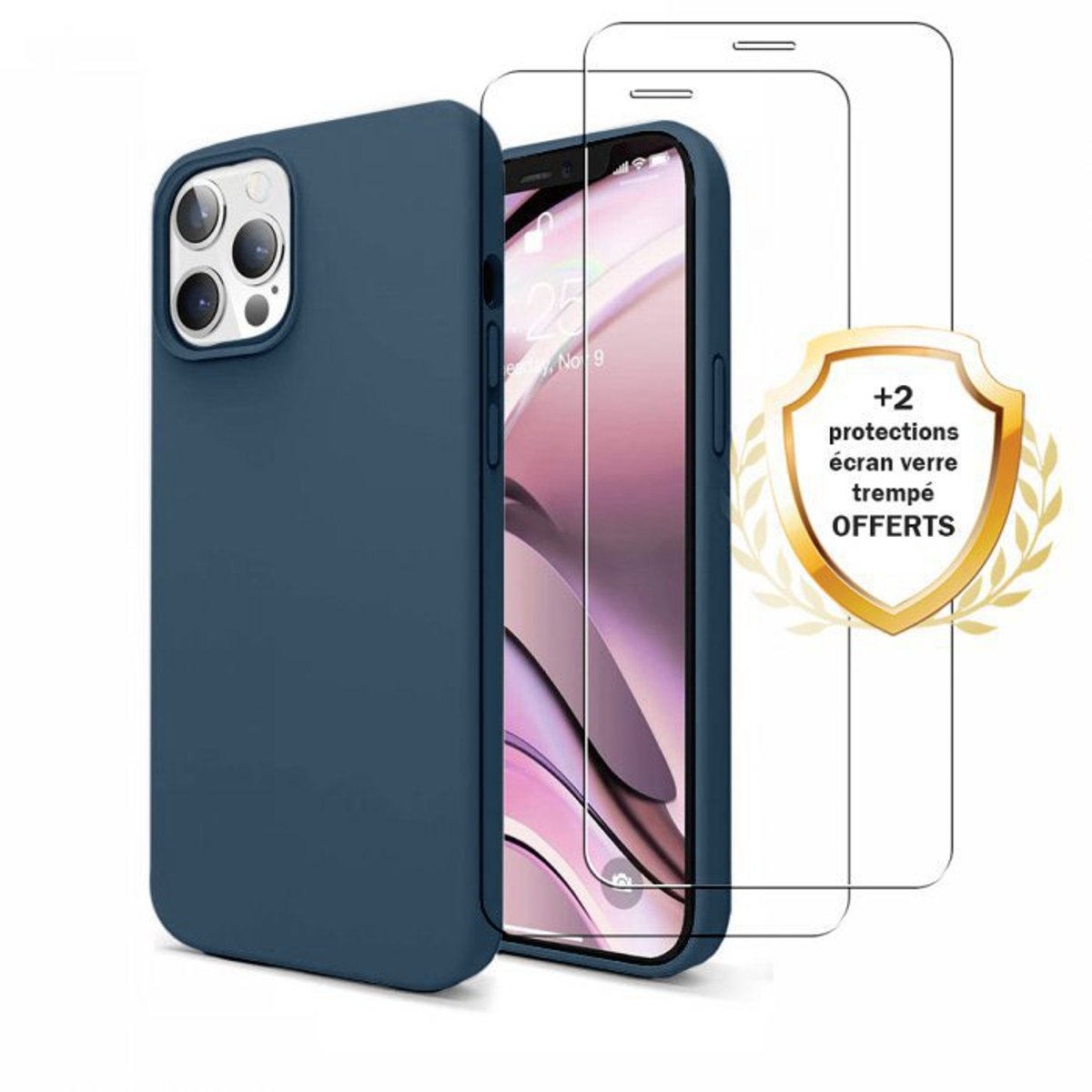 Coque iPhone 13 Pro antichoc + 2 vitres bleu, EVETANE