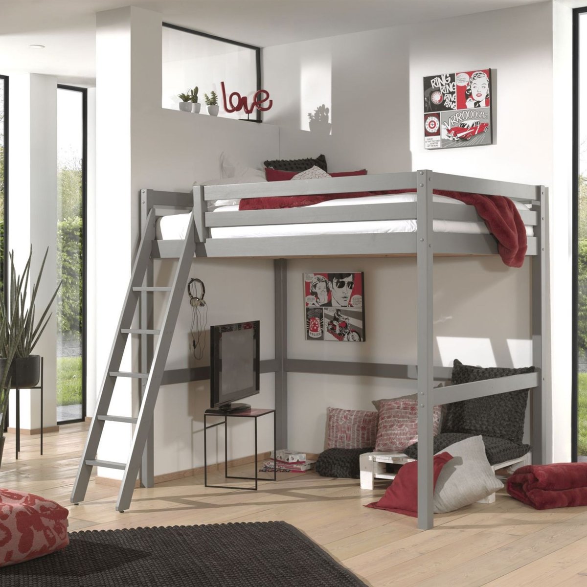 Lit mezzanine en bois massif gris, TERRE DE NUIT