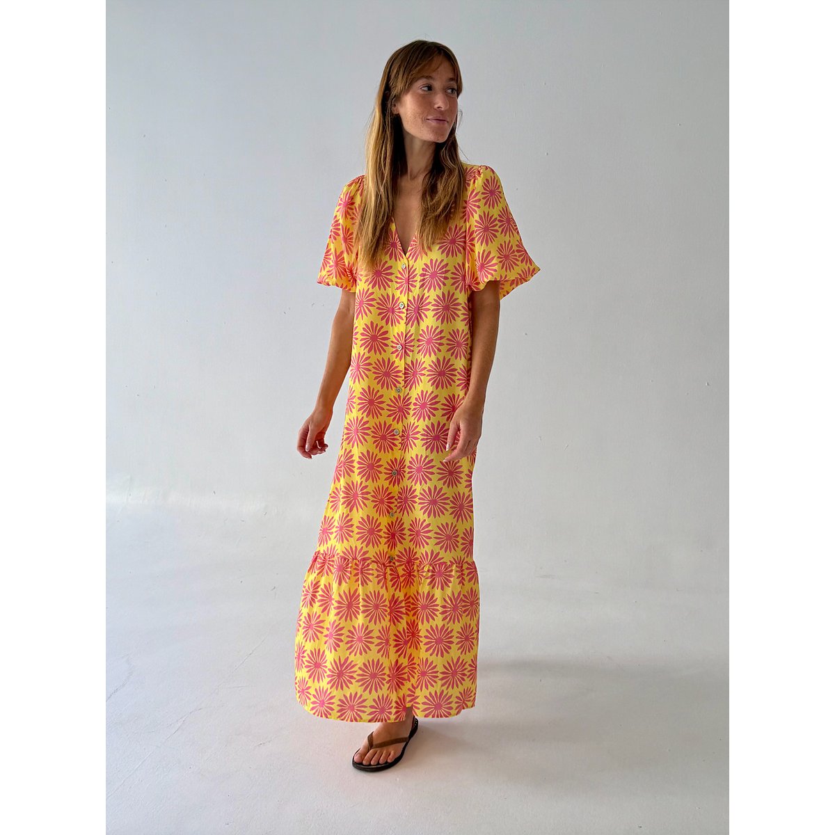 Robe longue imprimée volant MICA jaune / rose, MINDTRAVELER