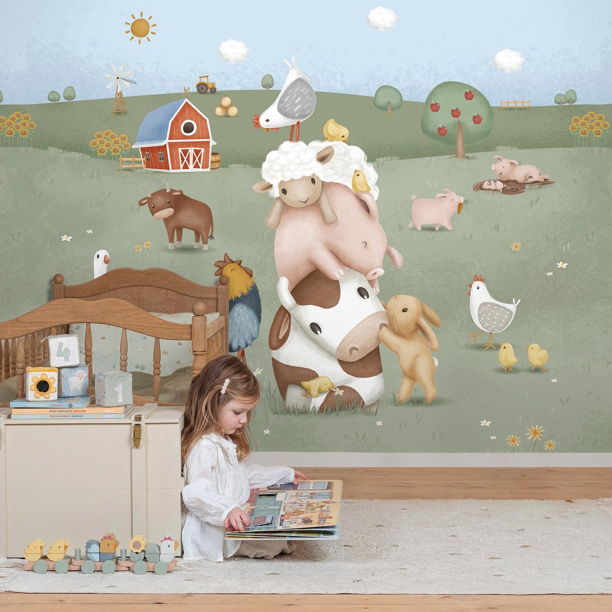 Papier peint panoramique pour enfant Animaux de la ferme coloris pastel, LITTLE DUTCH