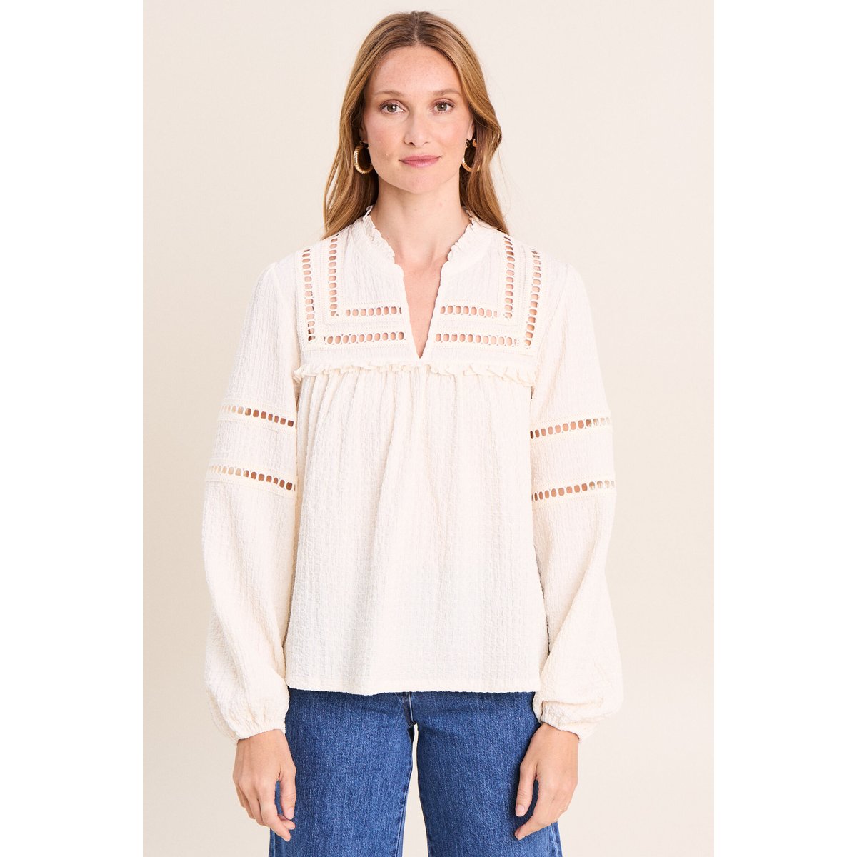 Blouse col v manches longues ecru, BREAL
