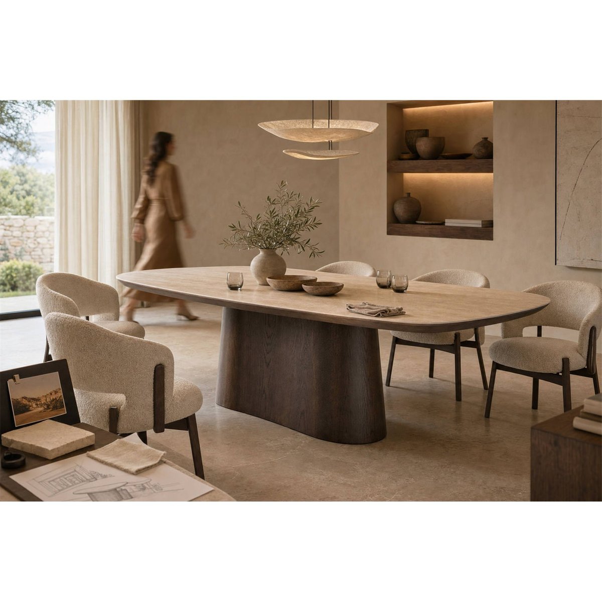 Table à manger ovale céramique RITZ brun et beige travertin, RECOLLECTION