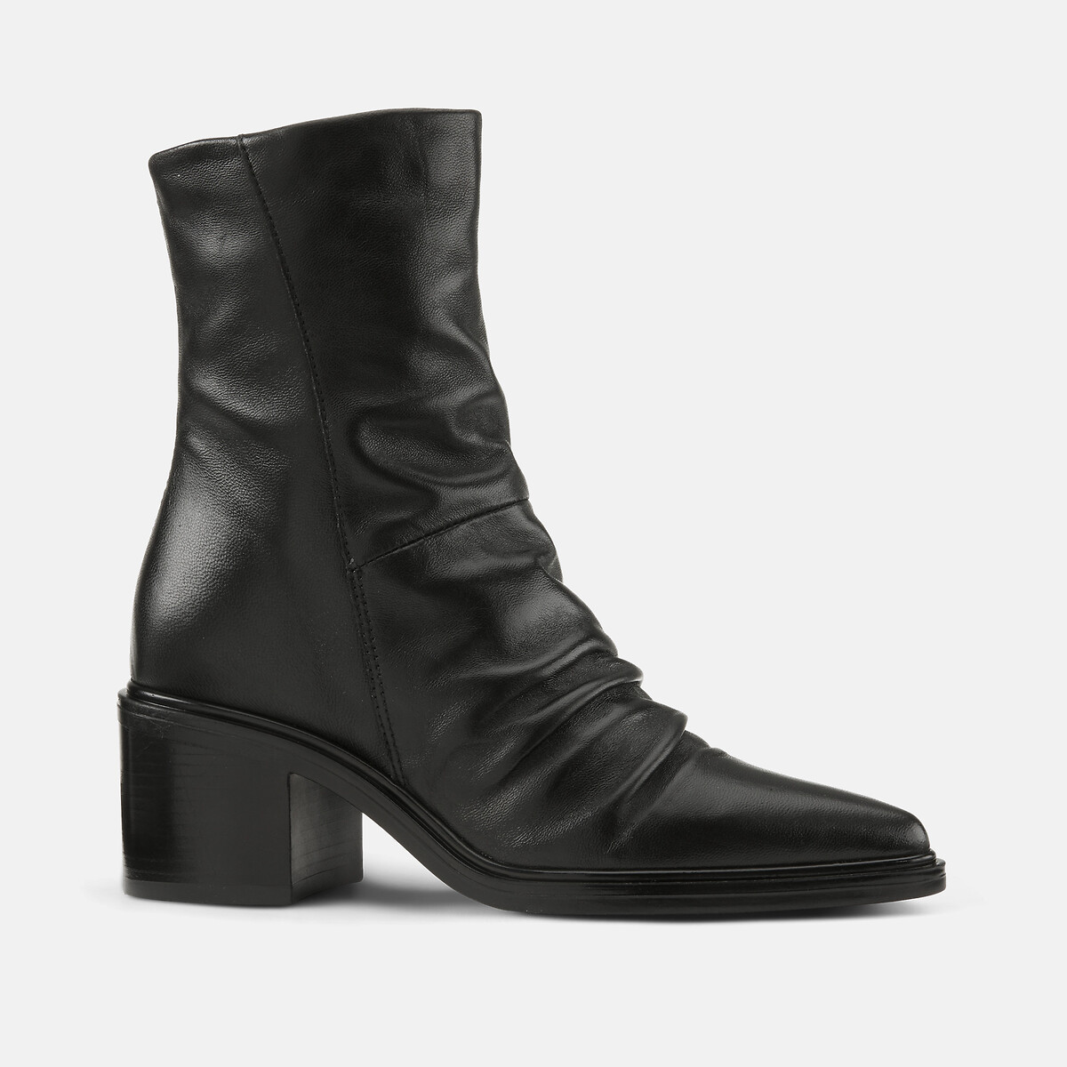 Pleated leather block heel pointed ankle boots black, MJUS