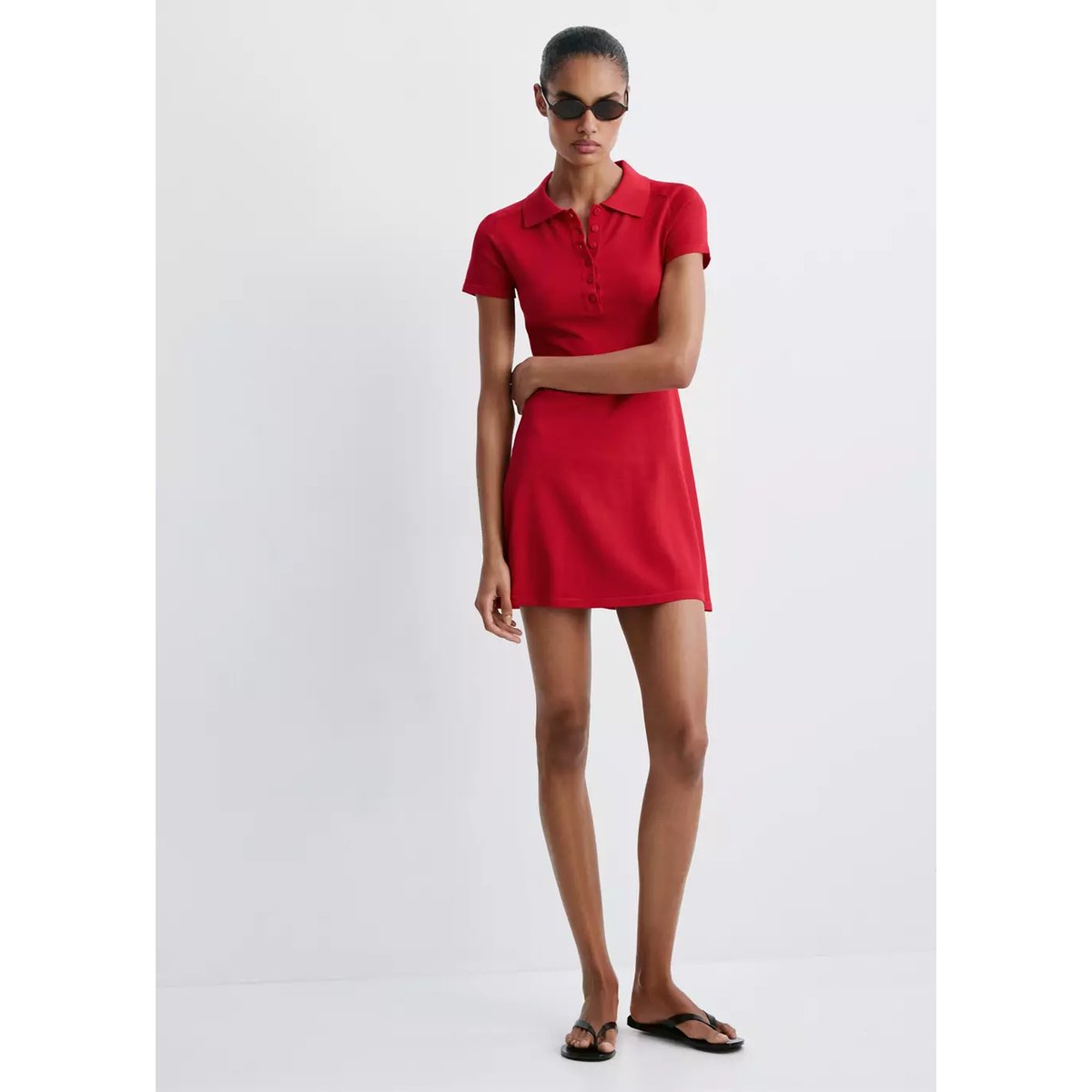 Robe maille col polo rouge, MANGO
