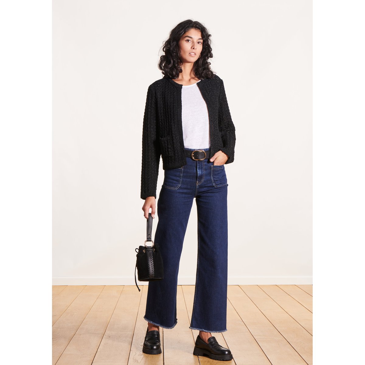 Gilet court à manches longues en maille irisée noir, LA FEE MARABOUTEE
