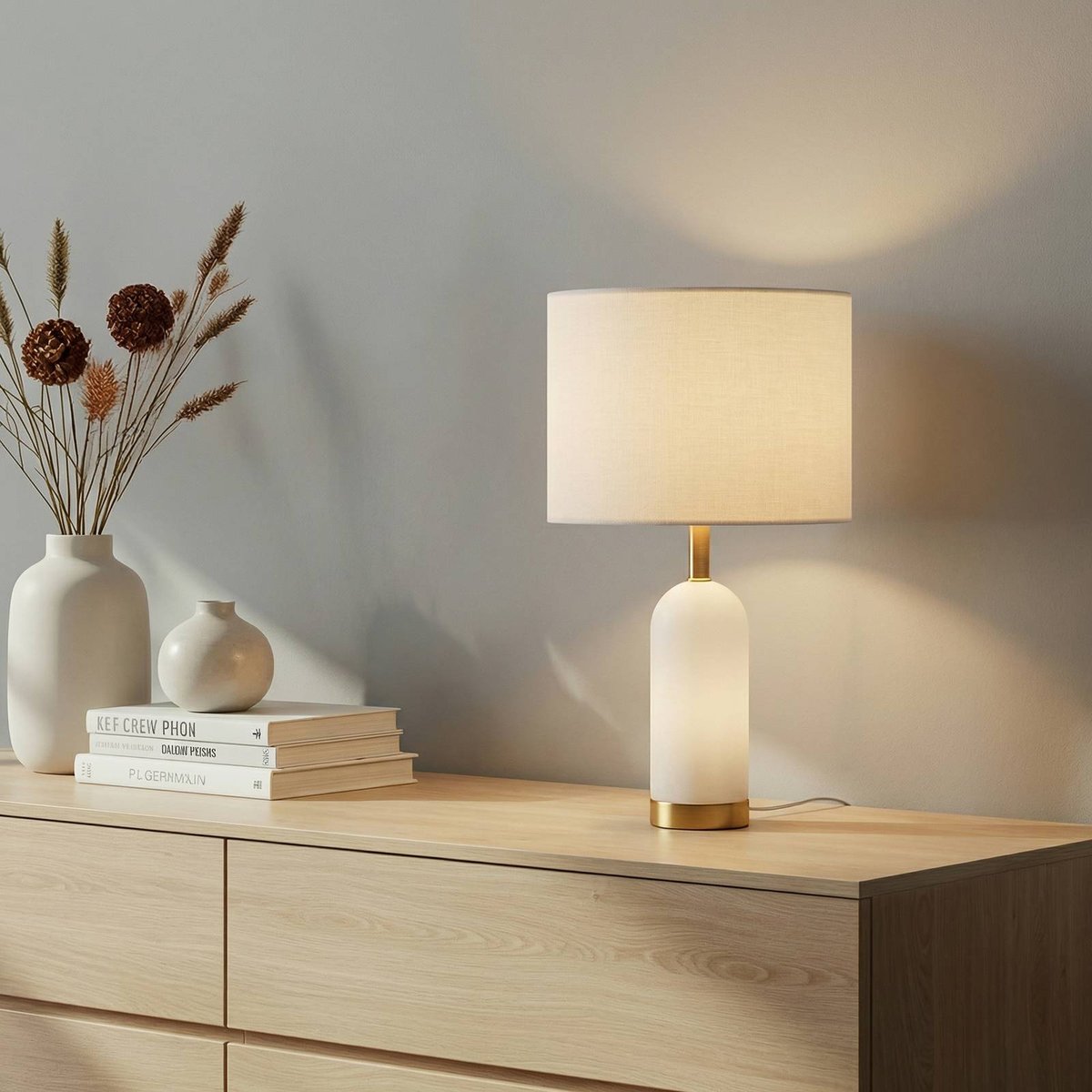 Lampe à poser en textile scandinave blanc, gris, or, LINDBY
