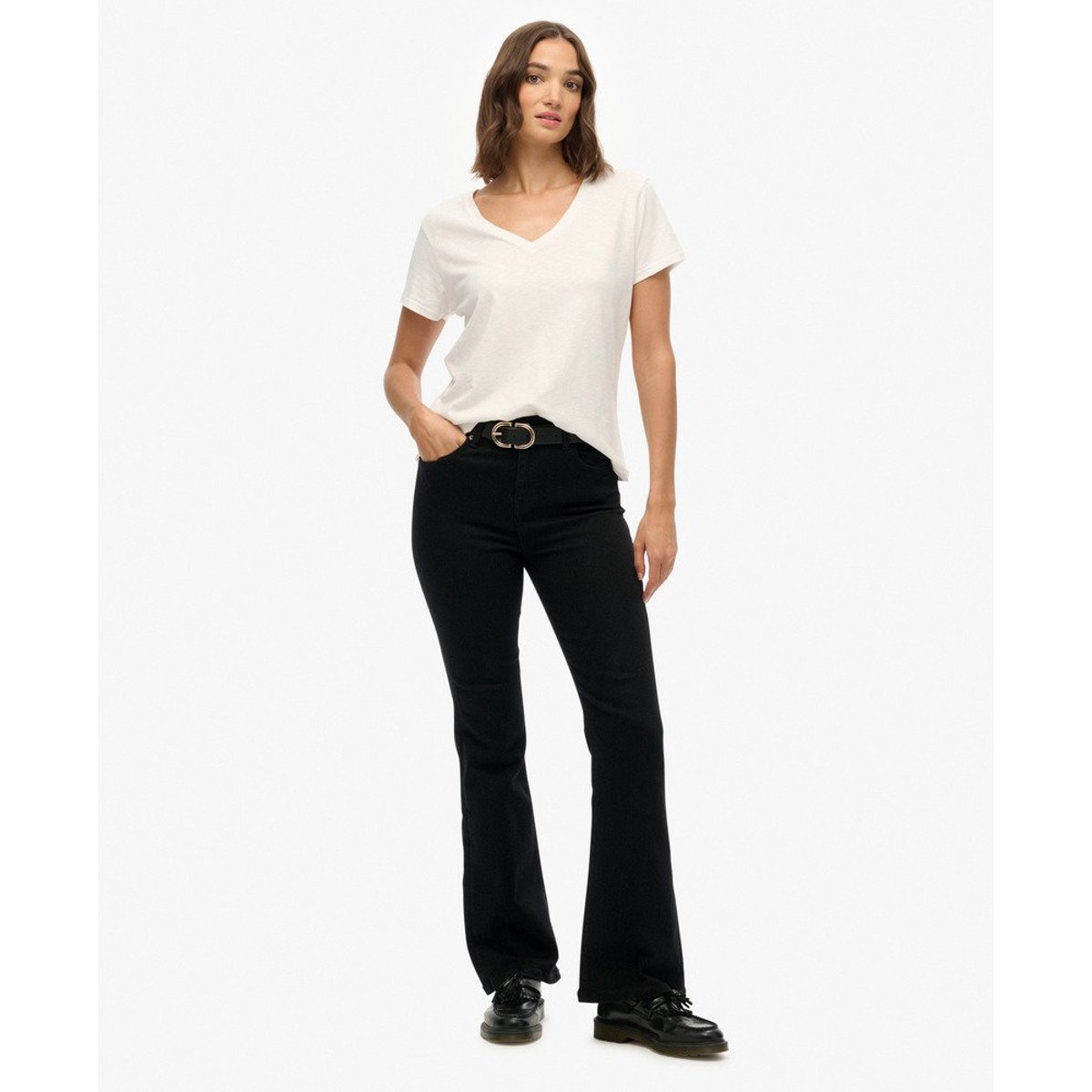 Jean évasé taille moyenne en coton bio noir, SUPERDRY