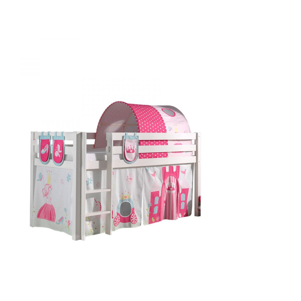 PINO Lit sureleve avec sommier + Rideau + tunnel de lit + 3 pochettes Little Princess couleur unique, VIPACK