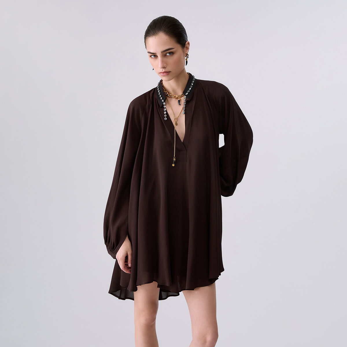 Robe courte en georgette moka, LIU JO