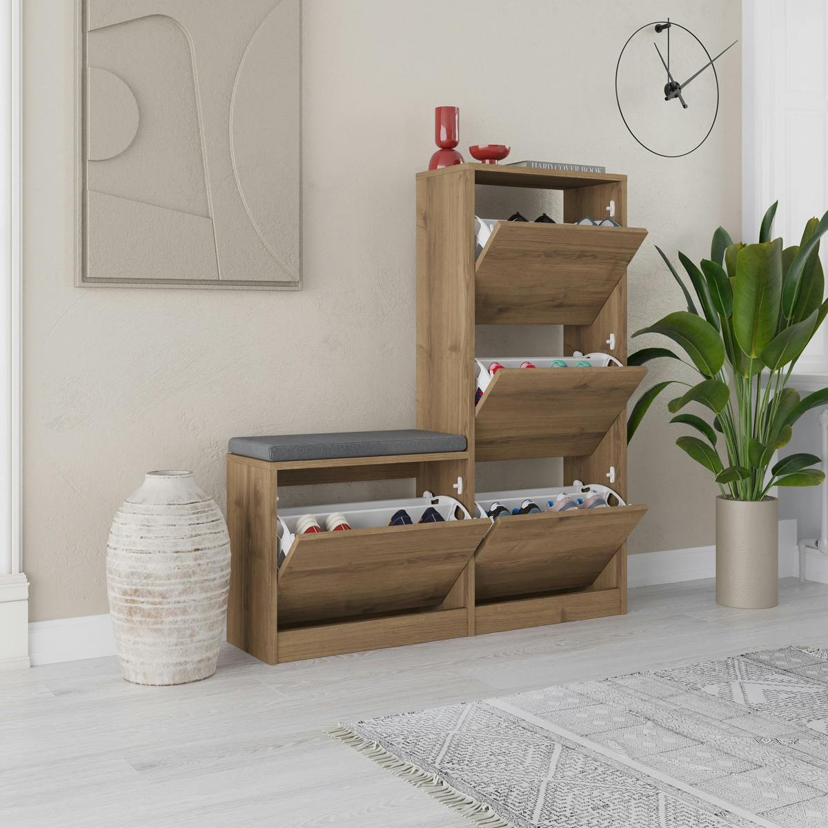 Meuble à chaussures 4 portes + banc MARFA chêne brun, PIER IMPORT