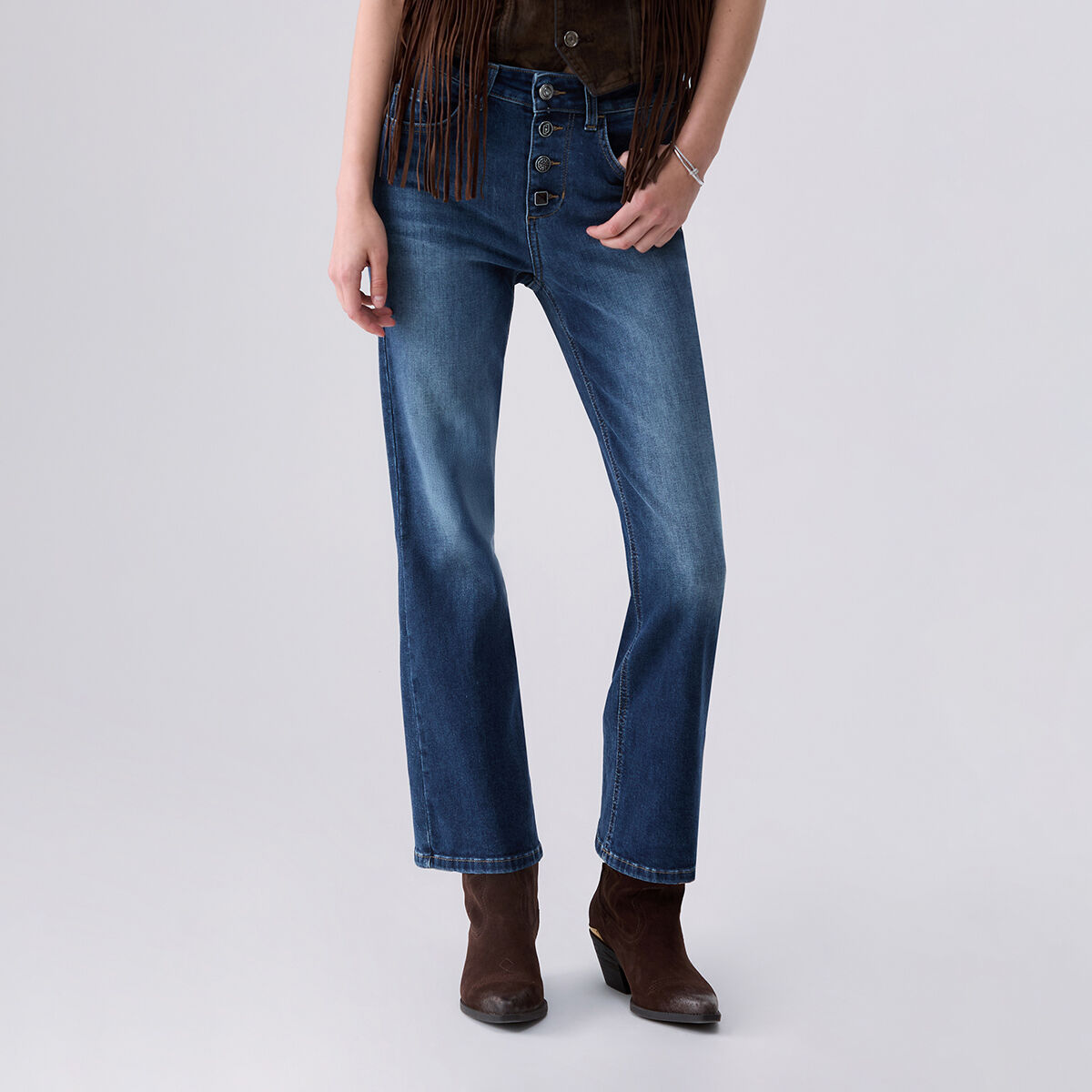 Jean bootcut avec boutons bijoux denim bleu foncé, LIU JO