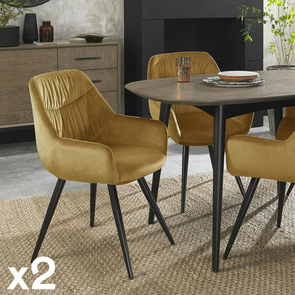 Fauteuil de table en velours (lot de 2) ARLINGTON moutarde, PIER IMPORT