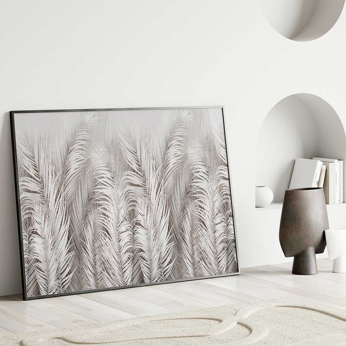 Affiche encadrée feuillage tropical gris clair affiche + cadre en métal - noir, HEXOA