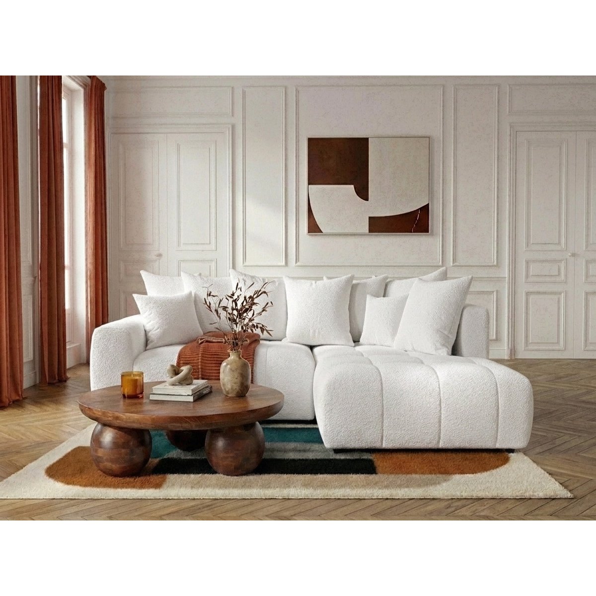 Canapé d'angle convertible 4 places en tissu bouclette, ROXELANE blanc, BOBOCHIC