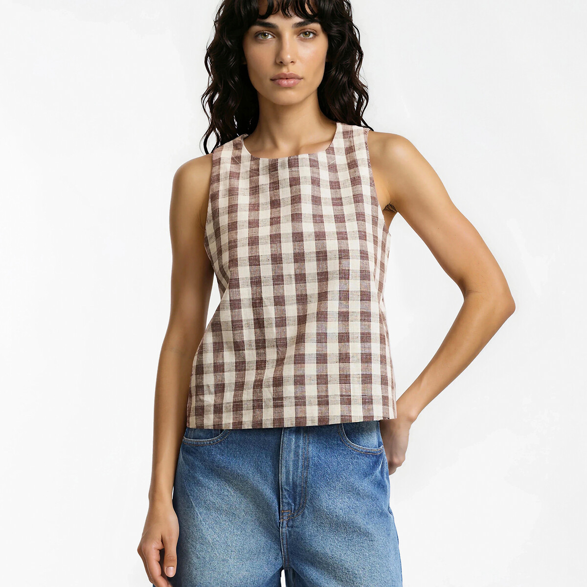 Top sans manches imprimé vichy en coton et lin vichy marron, LA REDOUTE COLLECTIONS