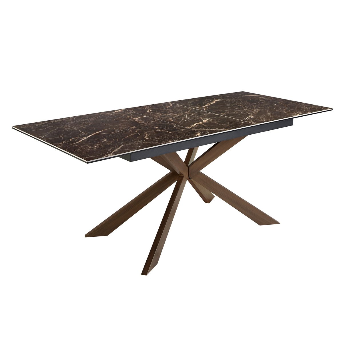 Table à manger à rallonge rectangulaire marbre porcelaine et acier effet noyer marron | noyer, ANGEL CERDA