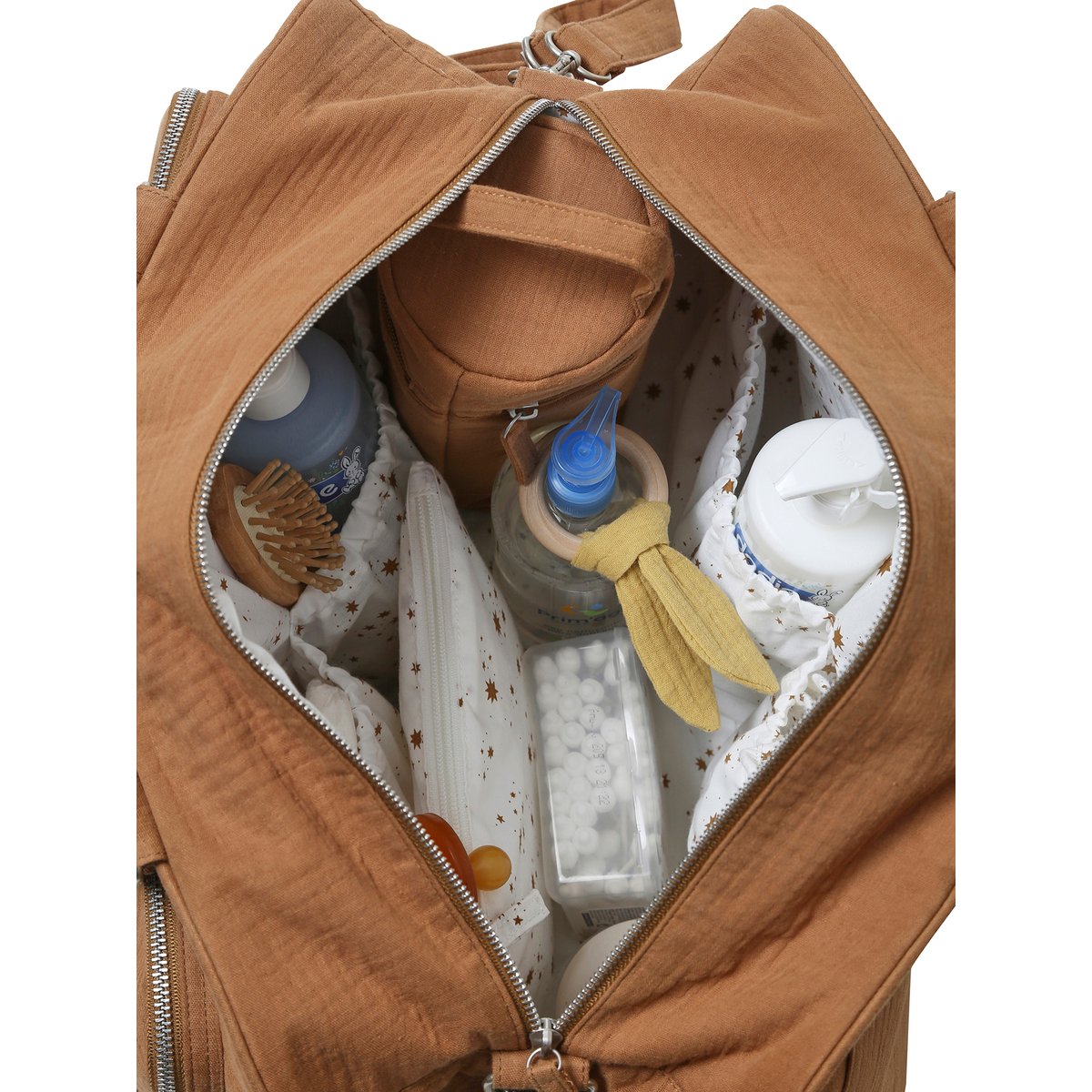 Sac à langer multipoches en gaze de coton Family L caramel, VERTBAUDET