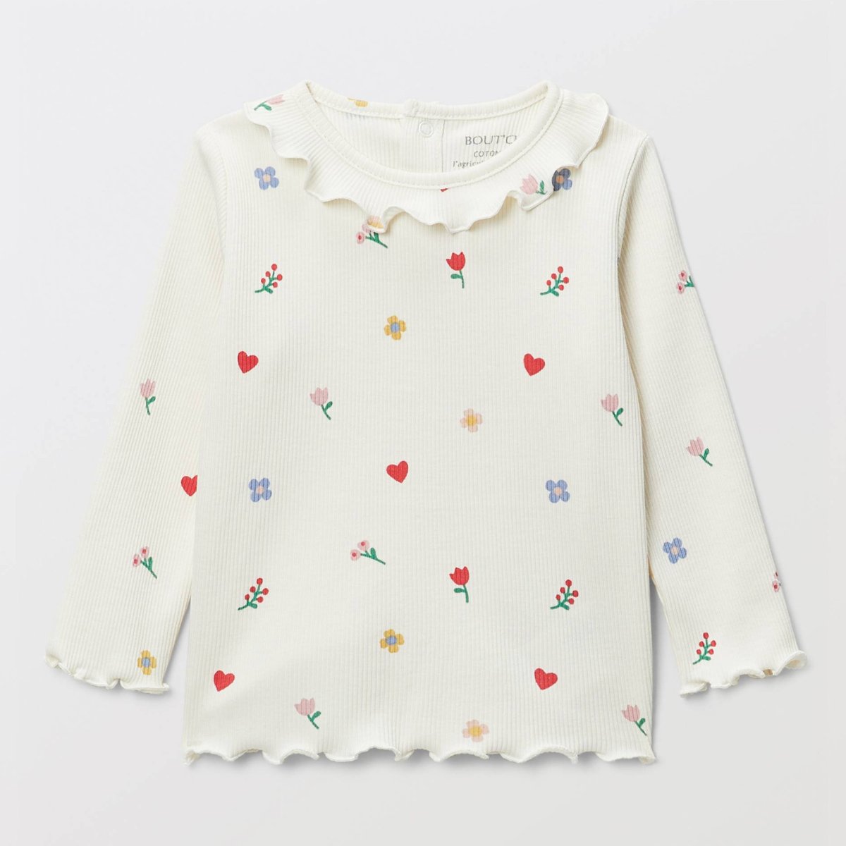 T-shirt à col fantaisie manches longues imprimé en coton BIO GOTS naturel, BOUT'CHOU