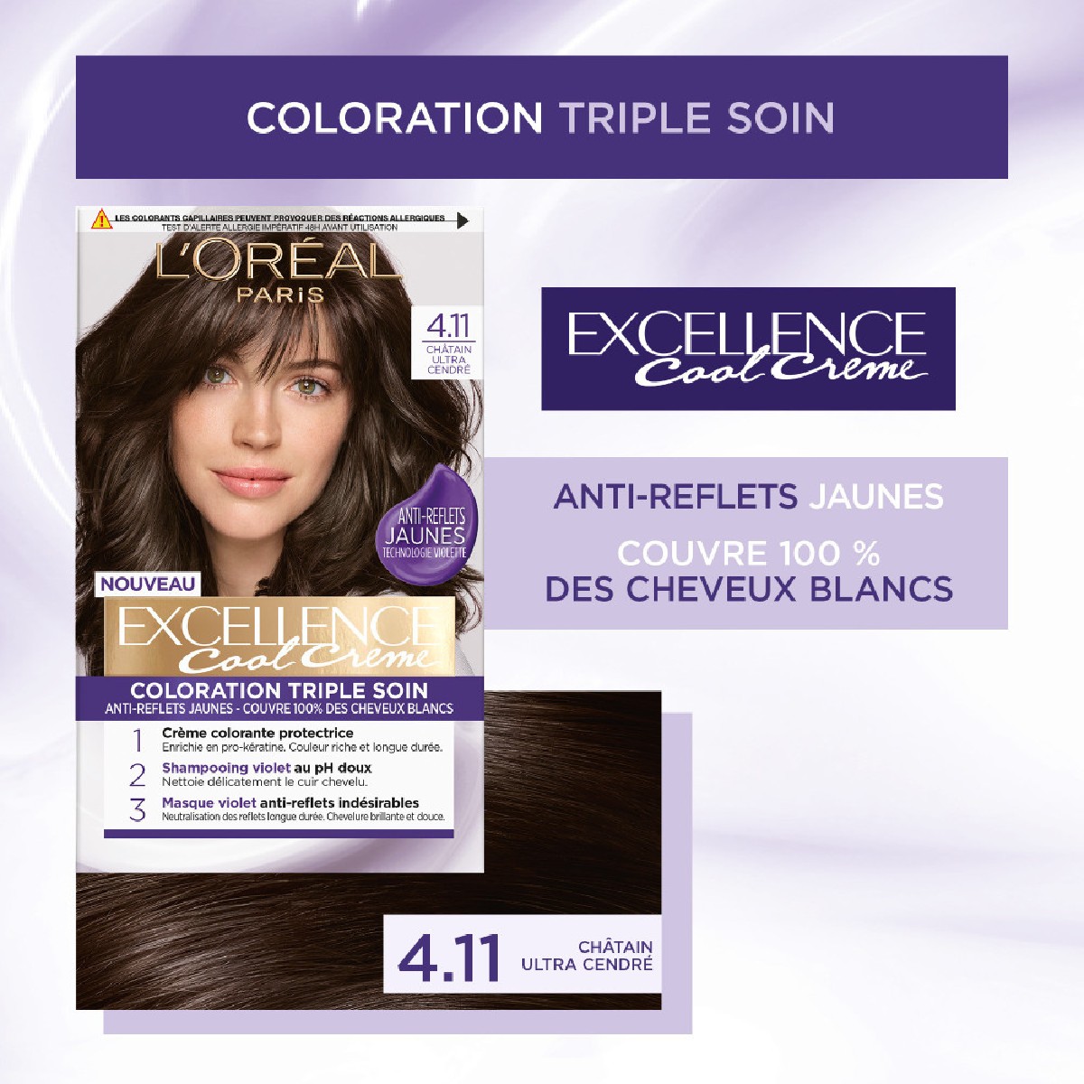 Coloration Excellence Cool Crème 4.11 - châtain ultra cendré, L'OREAL PARIS