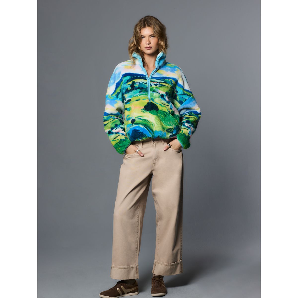 Veste confortable semi-zippée en peau lainée imprimé scénic bleu, NEXT