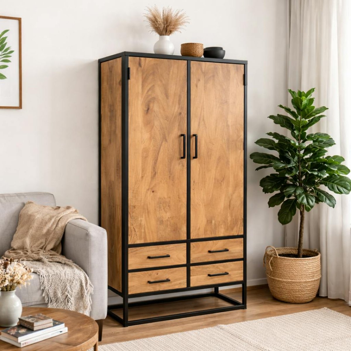 Buffet haut en bois clair 2 portes 4 tiroirs RIVANO bois naturel, PIER IMPORT