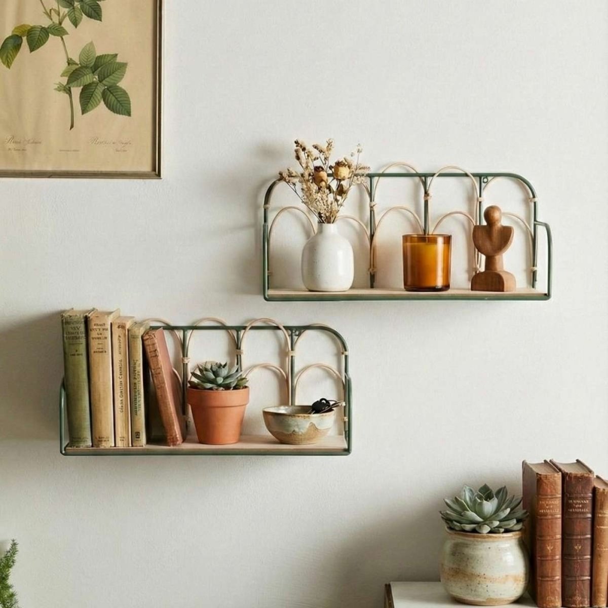 Etagère murale en rotin et métal 45cm vert, ORNAMI