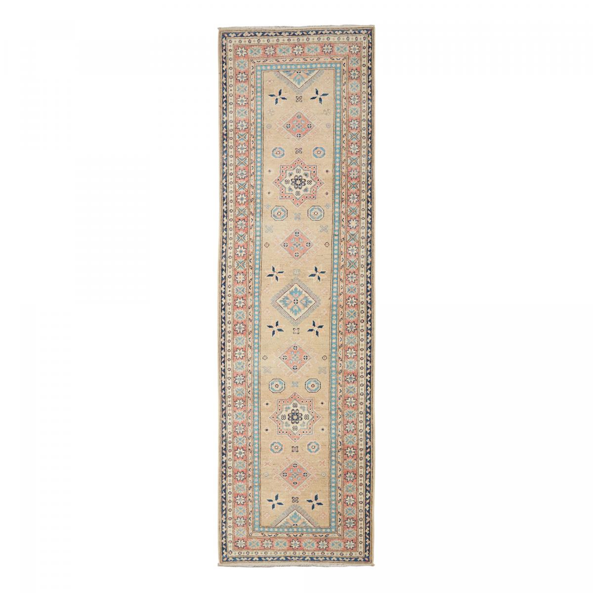 Tapis salon géométrique, noué main en laine, KAZAK CO 62 beige, bleu, rouge, UN AMOUR DE TAPIS
