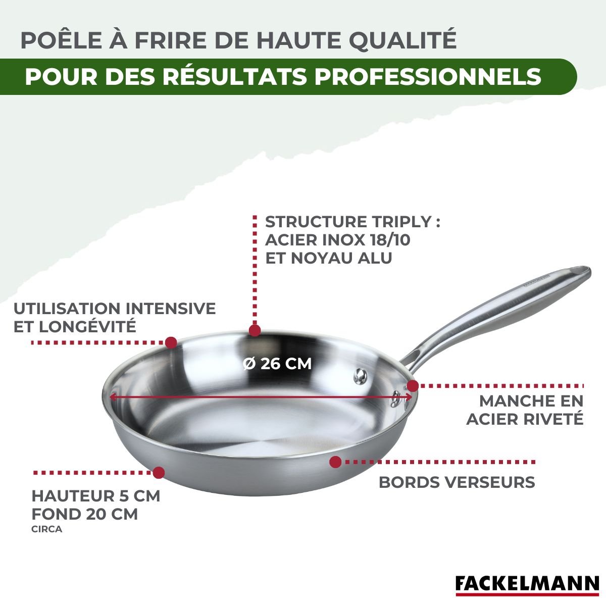 Poêle 26 cm en inox 18/10 Triply VITA3 inox, FACKELMANN