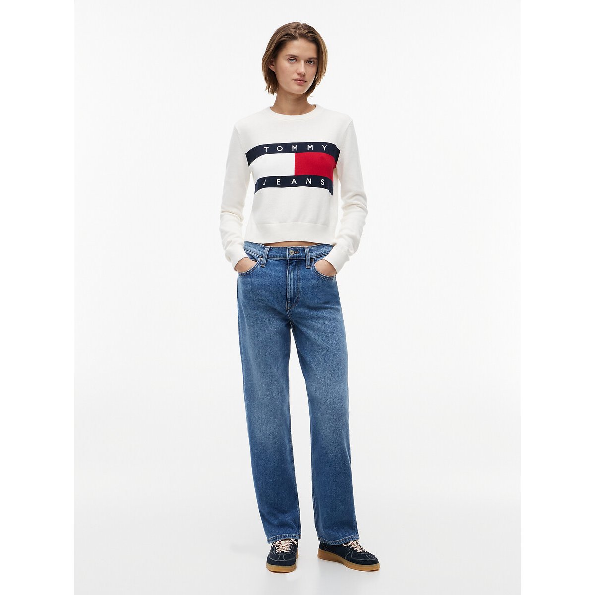Pull col rond logo ecru, TOMMY JEANS