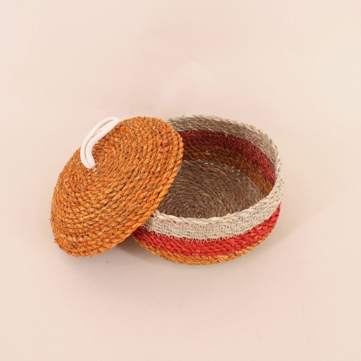 Lot de 2 paniers rayés à couvercle fibres naturelles rouge, naturel rouge, ORNAMI