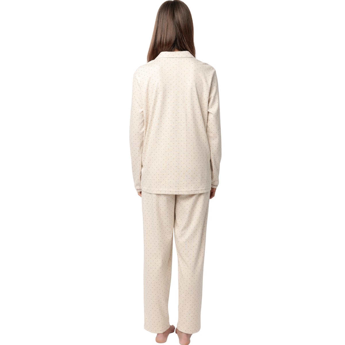Pyjama pantalon top manches longues Organic Dots beige, ADMAS