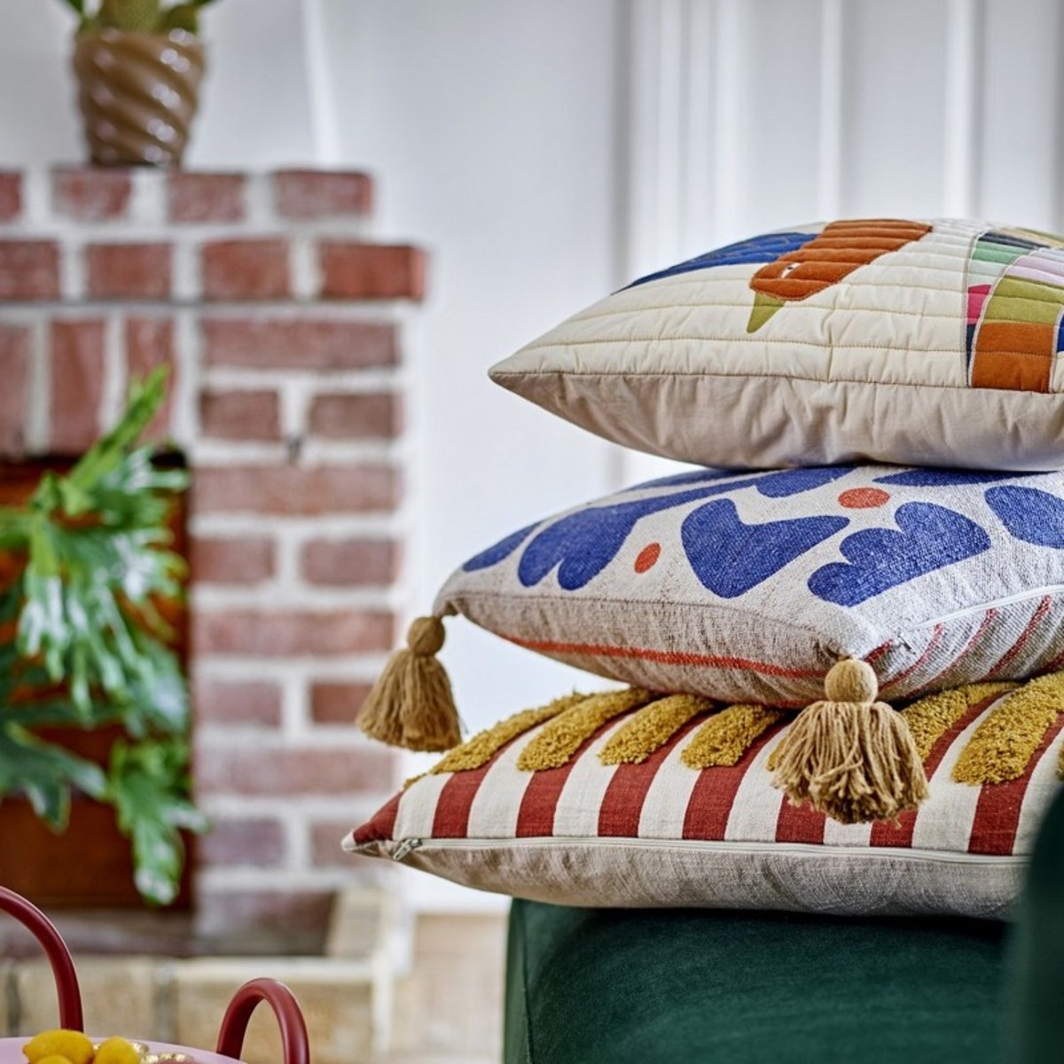 Coussin coton recyclé motif abstrait  EVIAYA bleu, BLOOMINGVILLE