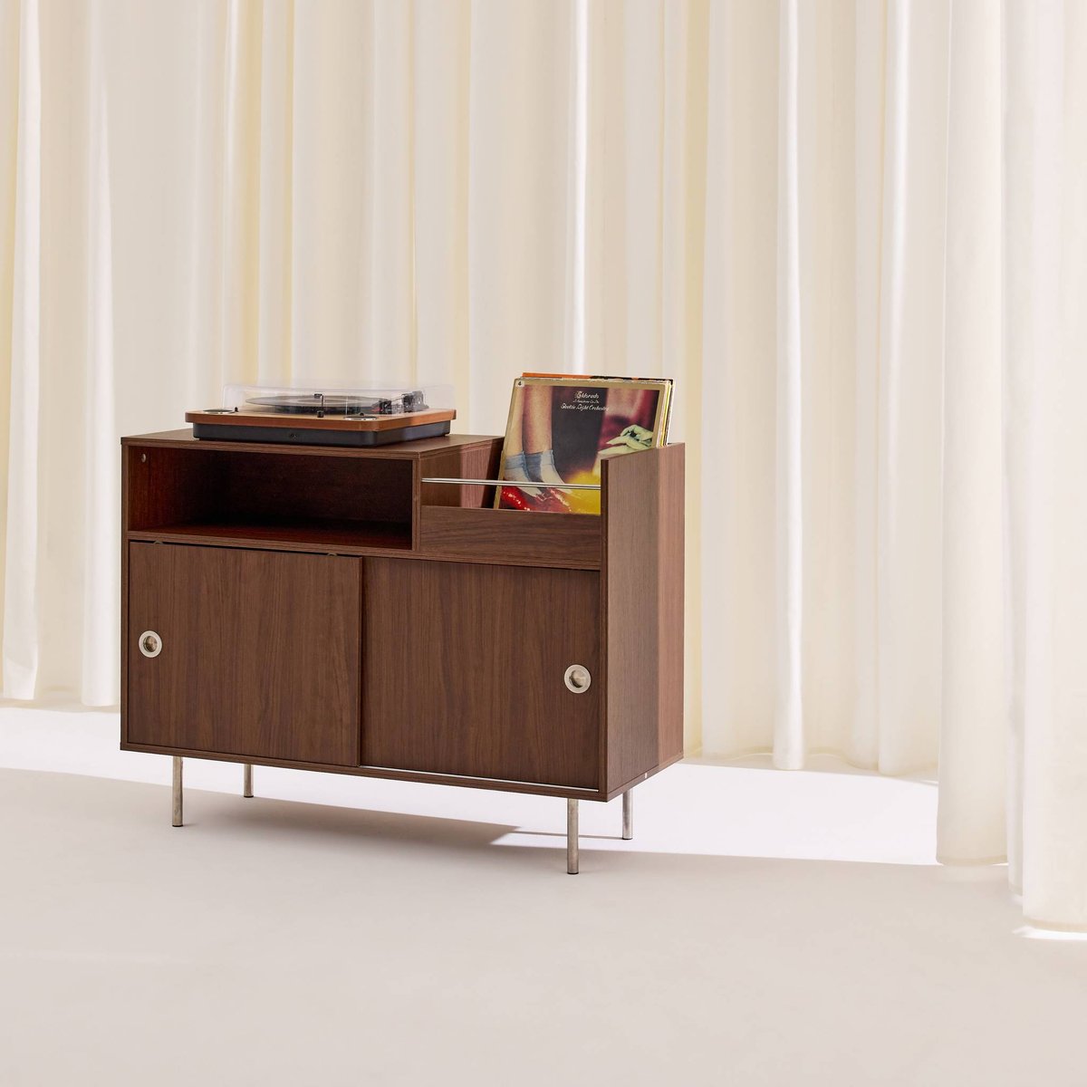 Meuble vinyle vintage décor bois et acier inoxydable 100cm SHELBY noyer, SWEEEK